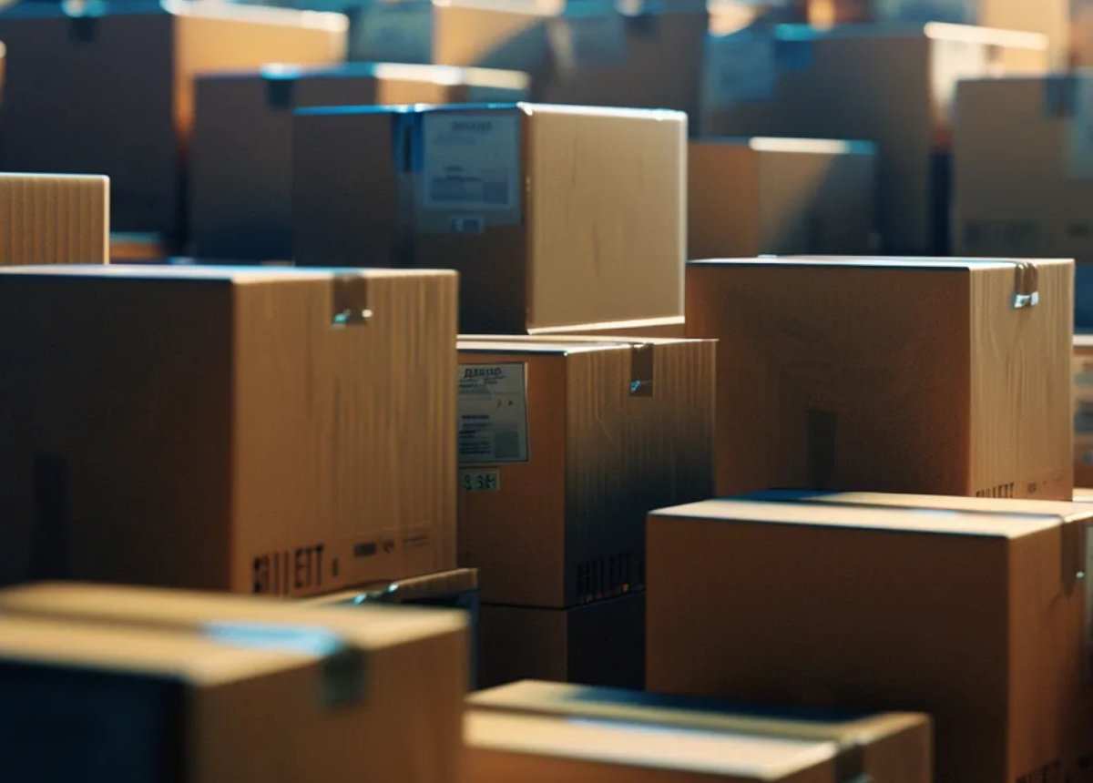 Cardboard parcels ready for dispatch in a warehouse