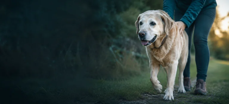 An older Labrador being steadied as it walks outdoors