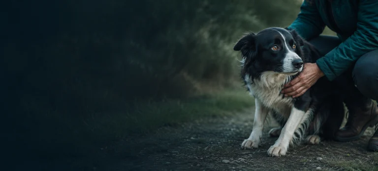 An owner reassuring a nervous border collie outdoors