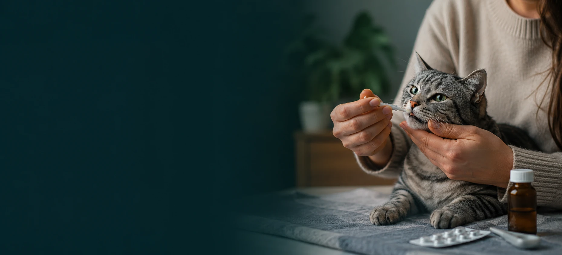 Cat receiving oral medication from its owner