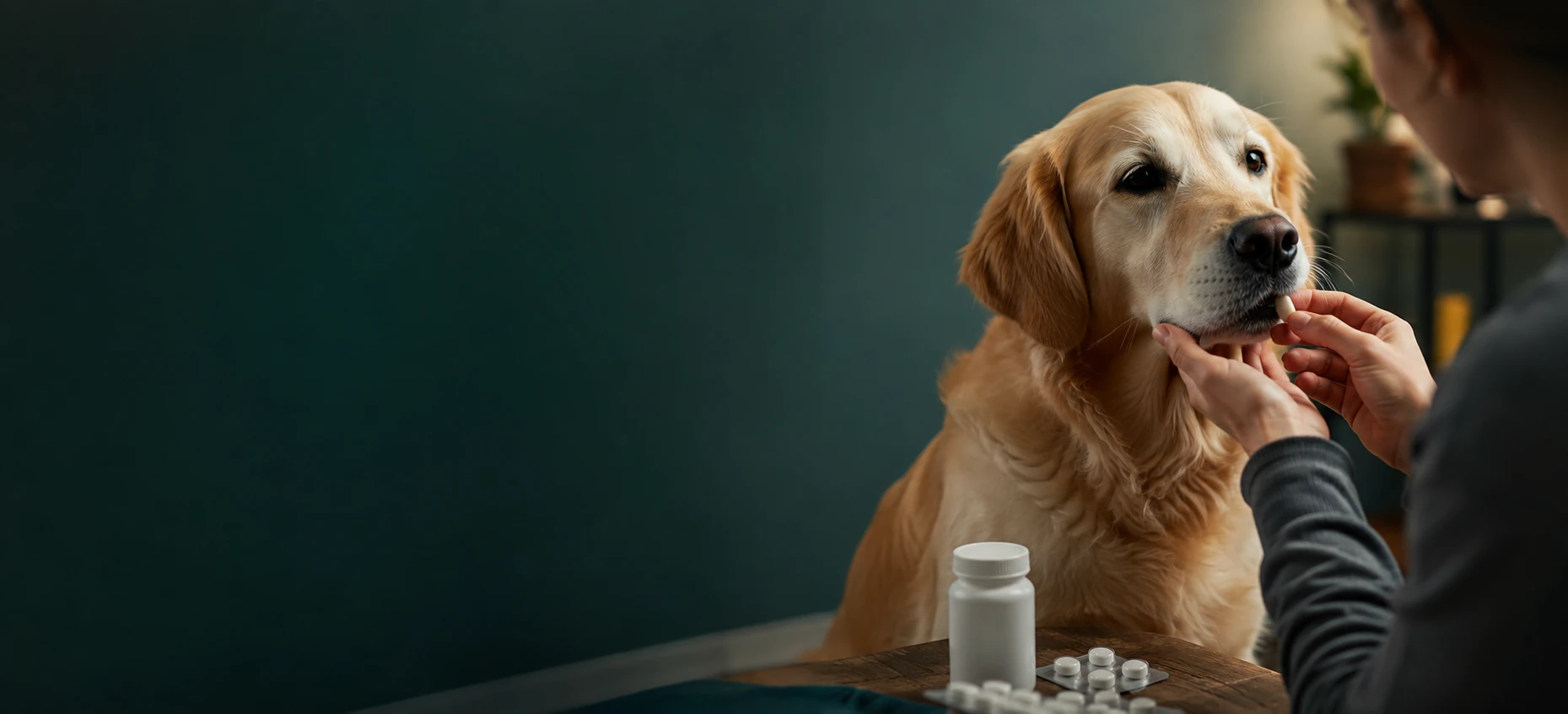 Dog receiving medication from its owner