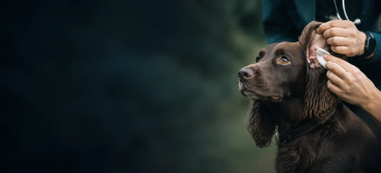 A spaniel having its ear gently checked