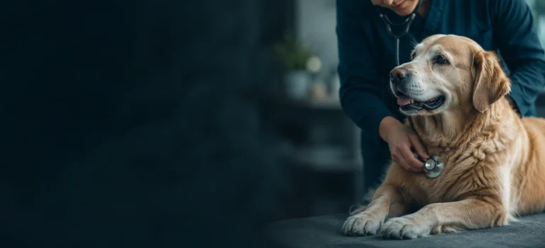 A golden retriever having its chest listened to with a stethoscope