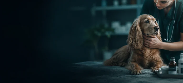 A cocker spaniel being examined by a vet