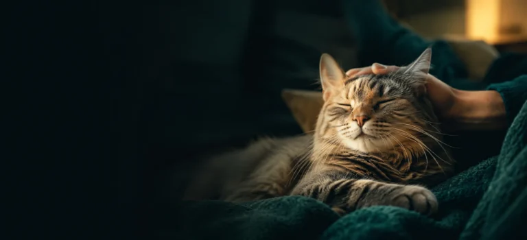 Relaxed cat being comforted by its owner