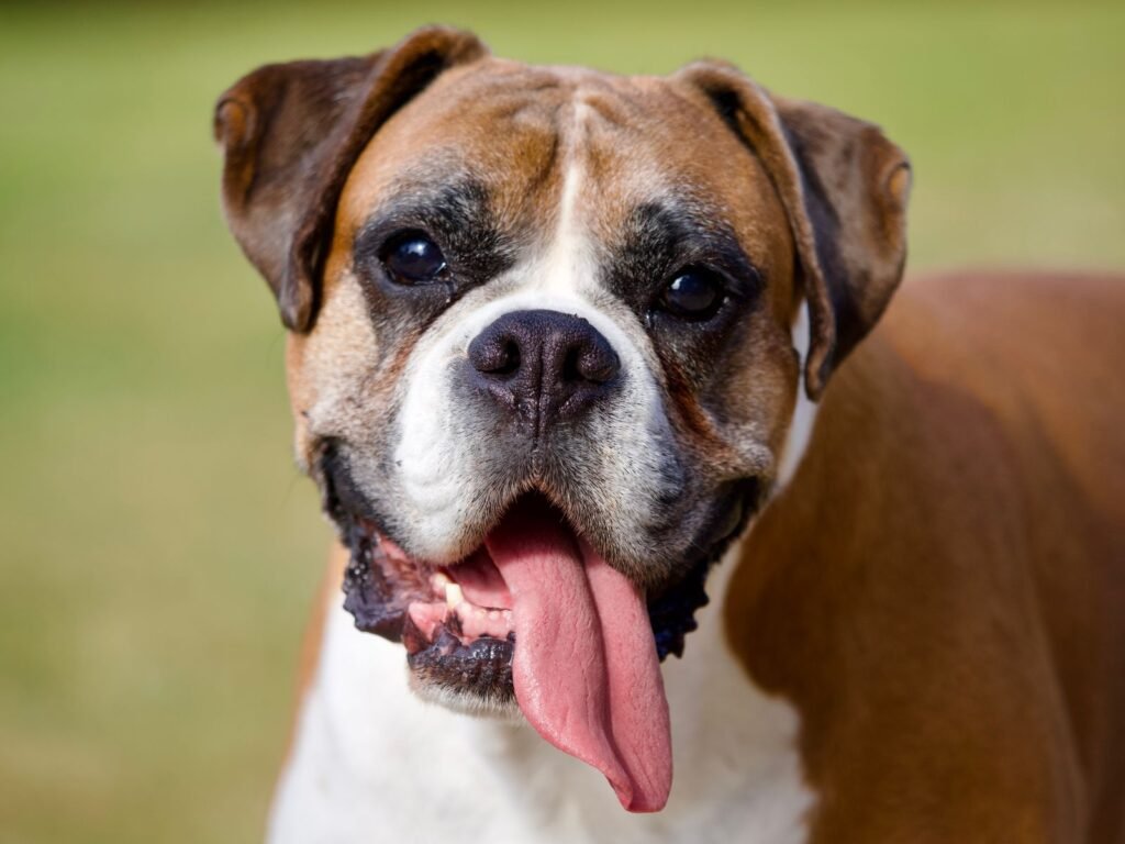 Boxer dog panting happily outdoors in sunlight