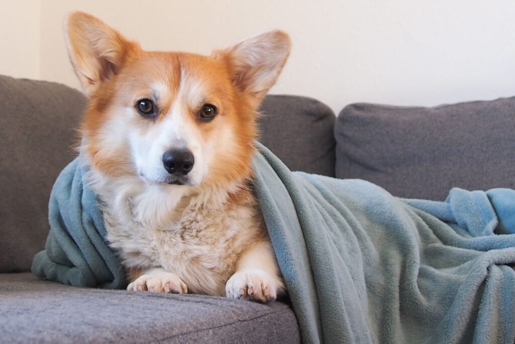 Corgi wrapped in a blanket on a sofa, a warm quiet spot for a dog shaking or trembling